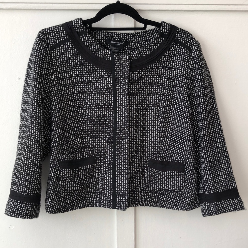 Sandro Sportswear Tweed Black and White Cropped Jacket Blazer Size Large